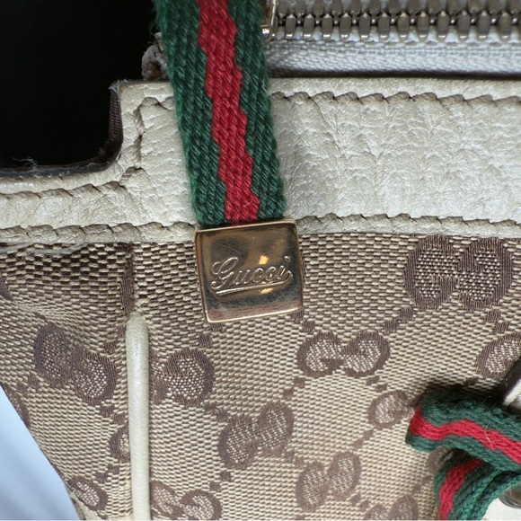 ❌SOLD❌Gucci GG Canvas Ribbon Tote Bag, Shoulder Bag Purse Leather Khaki Beige - Picture 3 of 13
